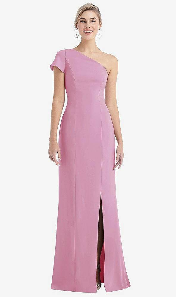 Front View - Powder Pink One-Shoulder Cap Sleeve Trumpet Gown with Front Slit