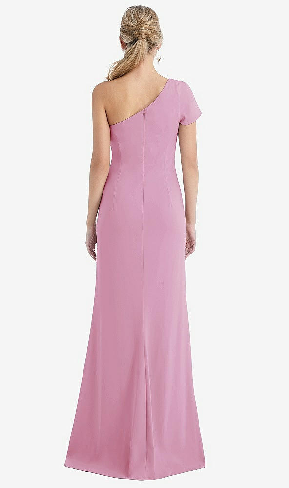 Back View - Powder Pink One-Shoulder Cap Sleeve Trumpet Gown with Front Slit