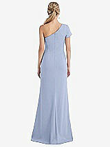 Rear View Thumbnail - Sky Blue One-Shoulder Cap Sleeve Trumpet Gown with Front Slit