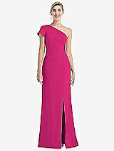 Front View Thumbnail - Think Pink One-Shoulder Cap Sleeve Trumpet Gown with Front Slit