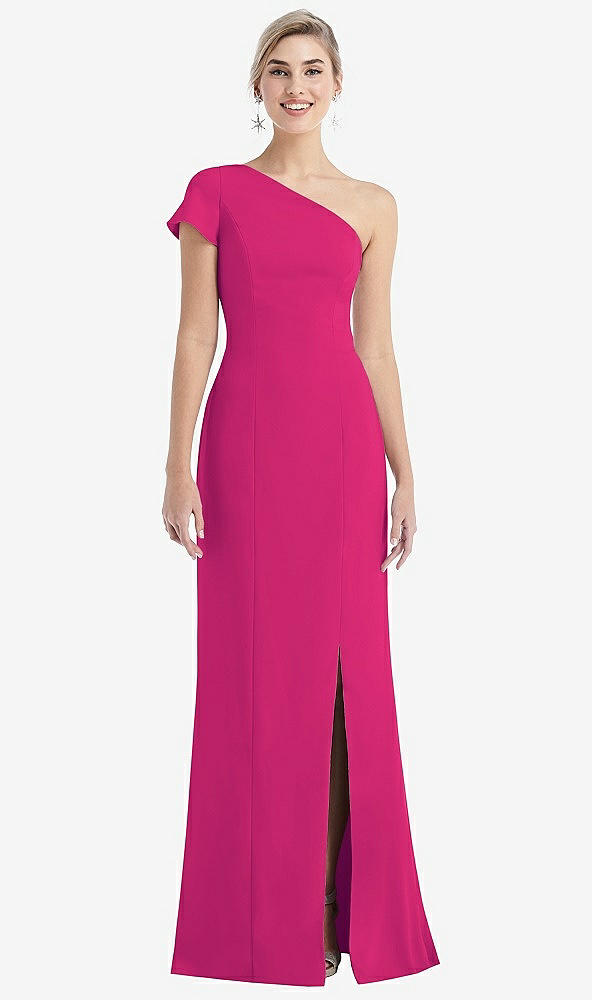 Front View - Think Pink One-Shoulder Cap Sleeve Trumpet Gown with Front Slit