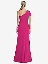 Rear View Thumbnail - Think Pink One-Shoulder Cap Sleeve Trumpet Gown with Front Slit