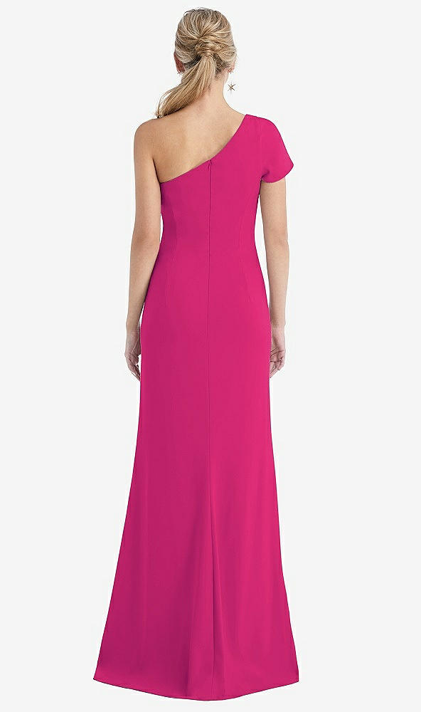 Back View - Think Pink One-Shoulder Cap Sleeve Trumpet Gown with Front Slit