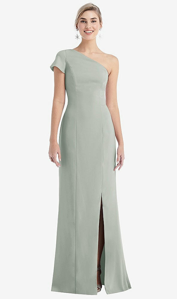 Front View - Willow Green One-Shoulder Cap Sleeve Trumpet Gown with Front Slit