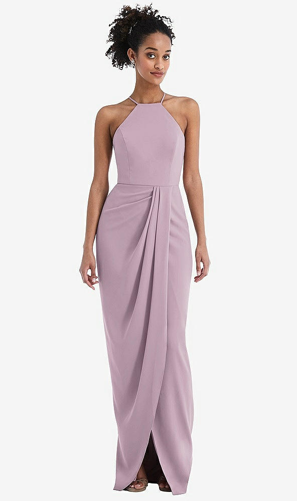 Front View - Suede Rose Halter Draped Tulip Skirt Maxi Dress
