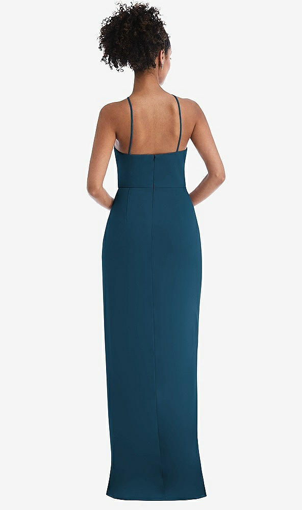 Back View - Atlantic Blue Halter Draped Tulip Skirt Maxi Dress