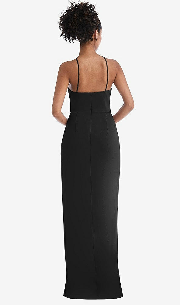 Back View - Black Halter Draped Tulip Skirt Maxi Dress
