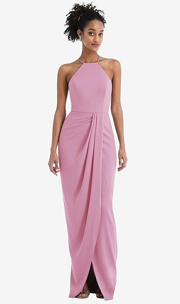 Front View - Powder Pink Halter Draped Tulip Skirt Maxi Dress