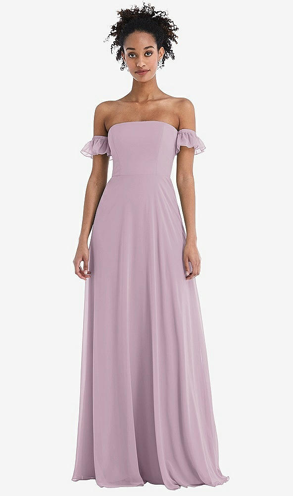 Front View - Suede Rose Off-the-Shoulder Ruffle Cuff Sleeve Chiffon Maxi Dress