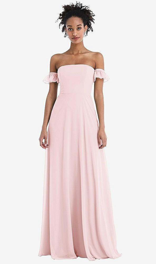 Front View - Ballet Pink Off-the-Shoulder Ruffle Cuff Sleeve Chiffon Maxi Dress