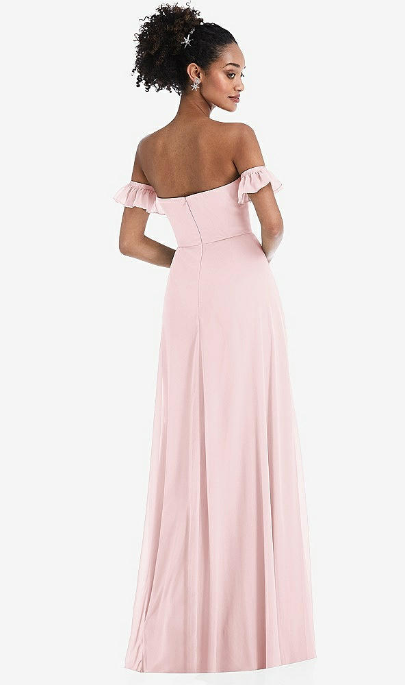 Back View - Ballet Pink Off-the-Shoulder Ruffle Cuff Sleeve Chiffon Maxi Dress