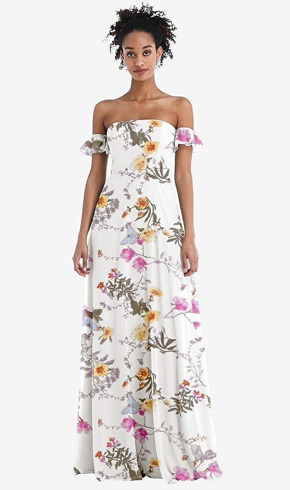 Front View - Butterfly Botanica Ivory Off-the-Shoulder Ruffle Cuff Sleeve Chiffon Maxi Dress