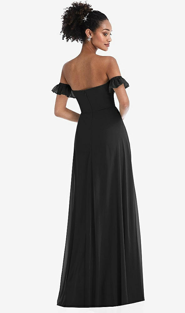 Back View - Black Off-the-Shoulder Ruffle Cuff Sleeve Chiffon Maxi Dress