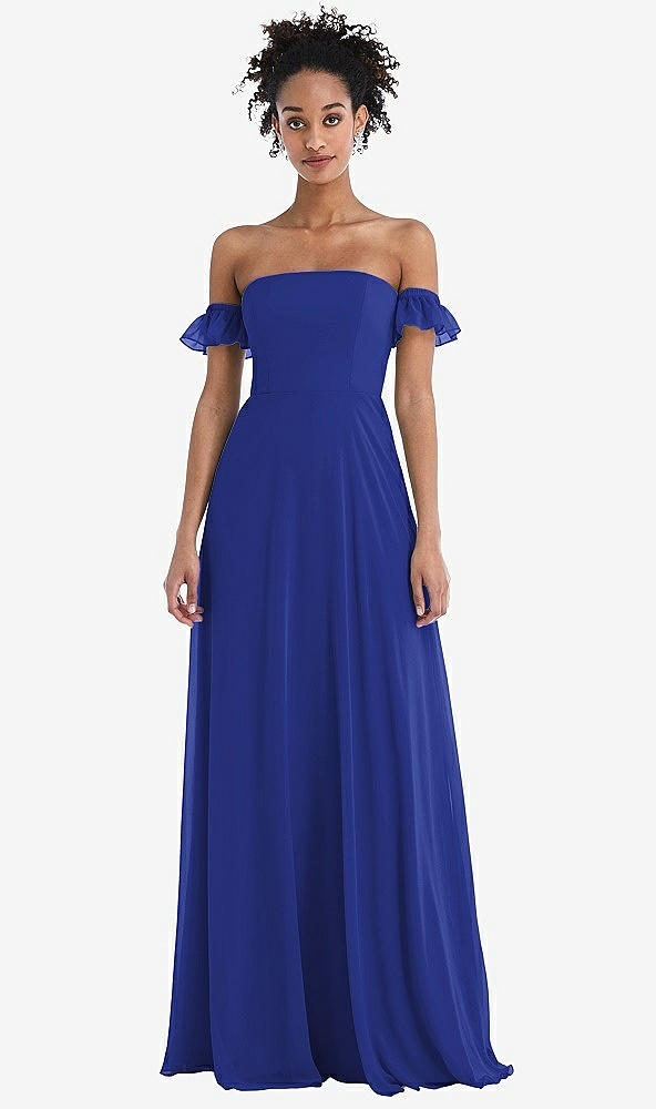Front View - Cobalt Blue Off-the-Shoulder Ruffle Cuff Sleeve Chiffon Maxi Dress
