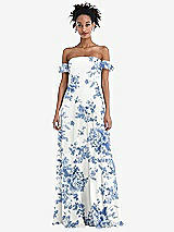 Front View Thumbnail - Cottage Rose Dusk Blue Off-the-Shoulder Ruffle Cuff Sleeve Chiffon Maxi Dress