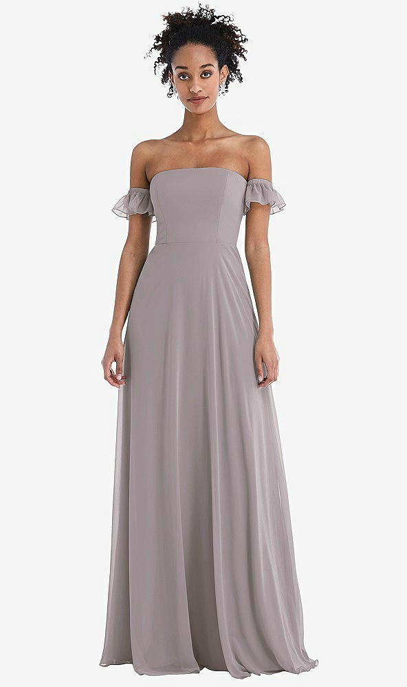 Front View - Cashmere Gray Off-the-Shoulder Ruffle Cuff Sleeve Chiffon Maxi Dress