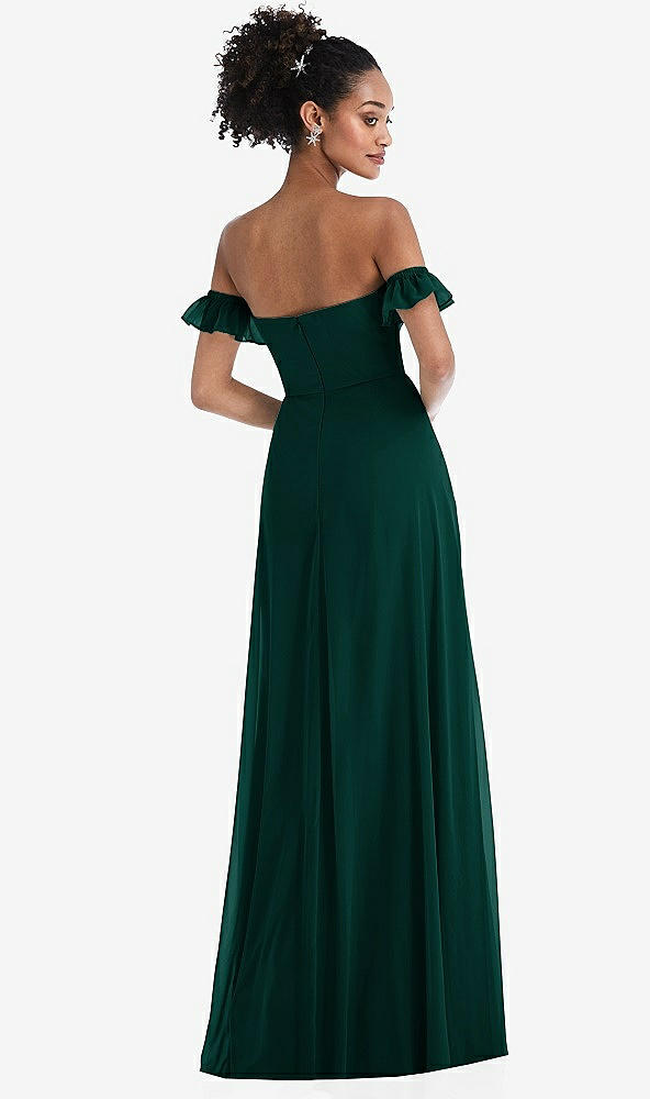Back View - Evergreen Off-the-Shoulder Ruffle Cuff Sleeve Chiffon Maxi Dress