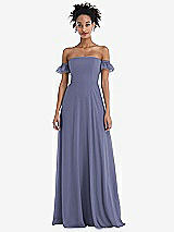 Front View Thumbnail - French Blue Off-the-Shoulder Ruffle Cuff Sleeve Chiffon Maxi Dress