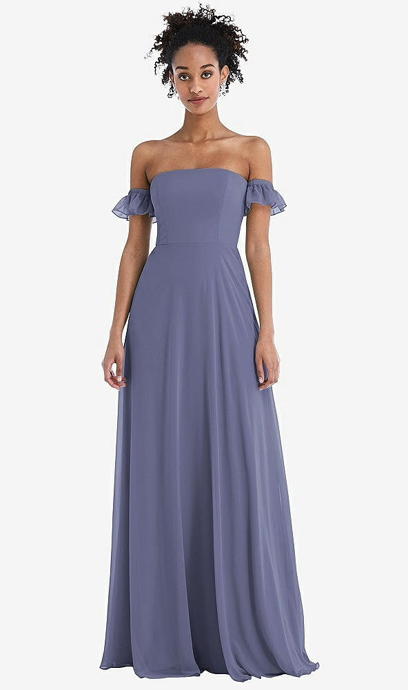Front View - French Blue Off-the-Shoulder Ruffle Cuff Sleeve Chiffon Maxi Dress