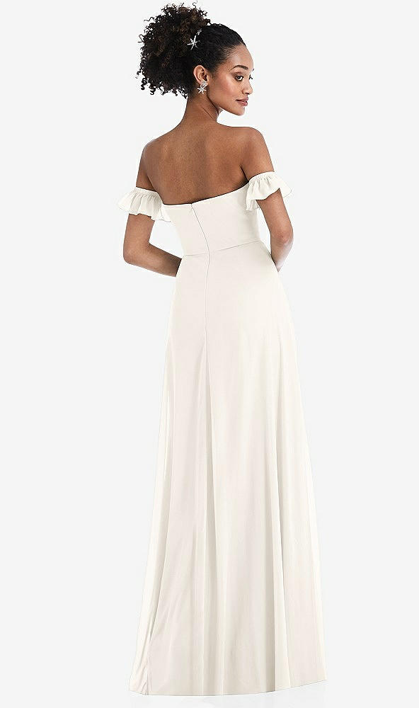 Back View - Ivory Off-the-Shoulder Ruffle Cuff Sleeve Chiffon Maxi Dress