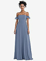 Front View Thumbnail - Larkspur Blue Off-the-Shoulder Ruffle Cuff Sleeve Chiffon Maxi Dress
