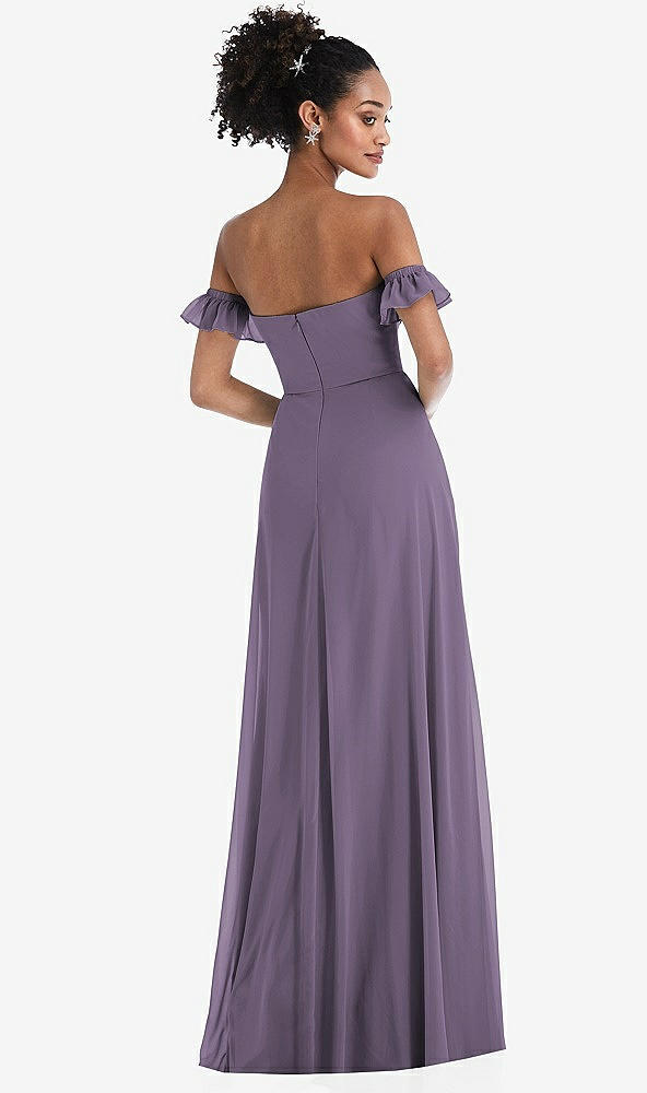 Back View - Lavender Off-the-Shoulder Ruffle Cuff Sleeve Chiffon Maxi Dress