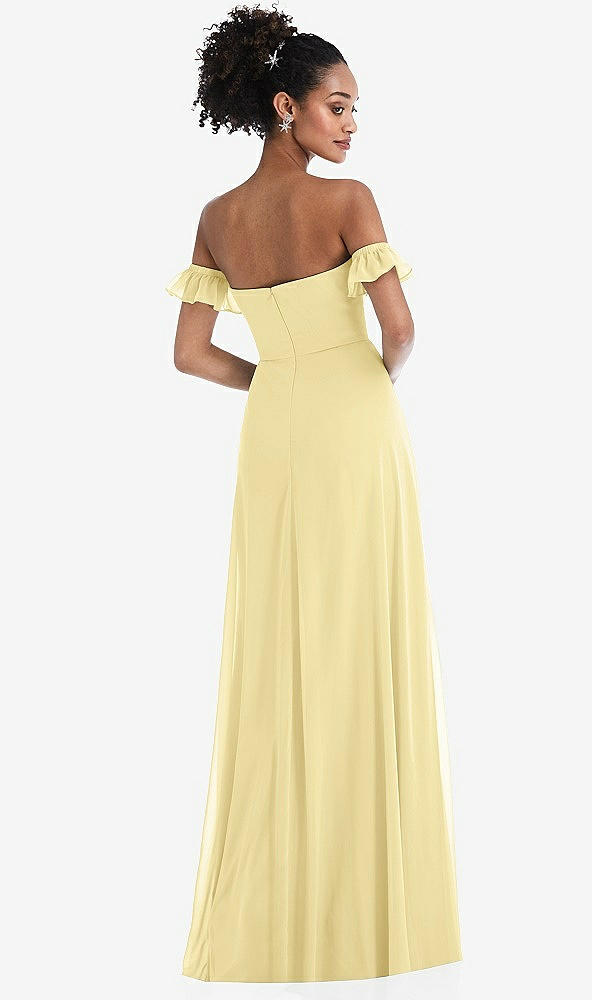 Back View - Pale Yellow Off-the-Shoulder Ruffle Cuff Sleeve Chiffon Maxi Dress