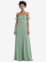Front View Thumbnail - Seagrass Off-the-Shoulder Ruffle Cuff Sleeve Chiffon Maxi Dress