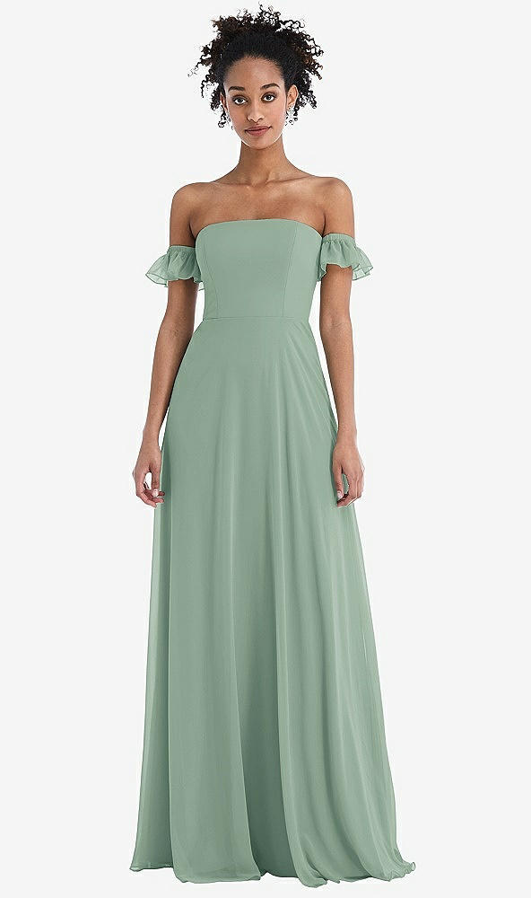 Front View - Seagrass Off-the-Shoulder Ruffle Cuff Sleeve Chiffon Maxi Dress