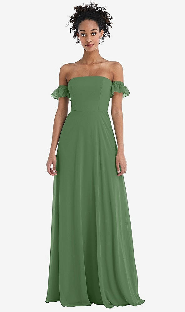 Front View - Vineyard Green Off-the-Shoulder Ruffle Cuff Sleeve Chiffon Maxi Dress