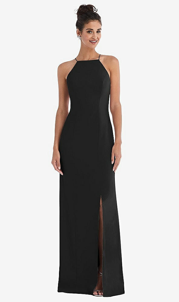 Front View - Black Open-Back High-Neck Halter Trumpet Gown