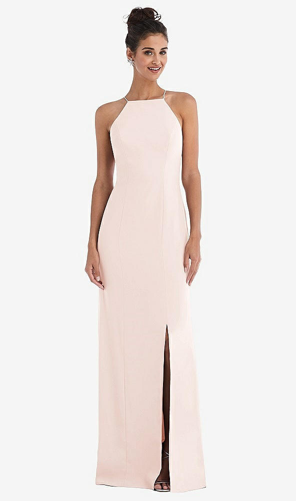 Front View - Blush Open-Back High-Neck Halter Trumpet Gown