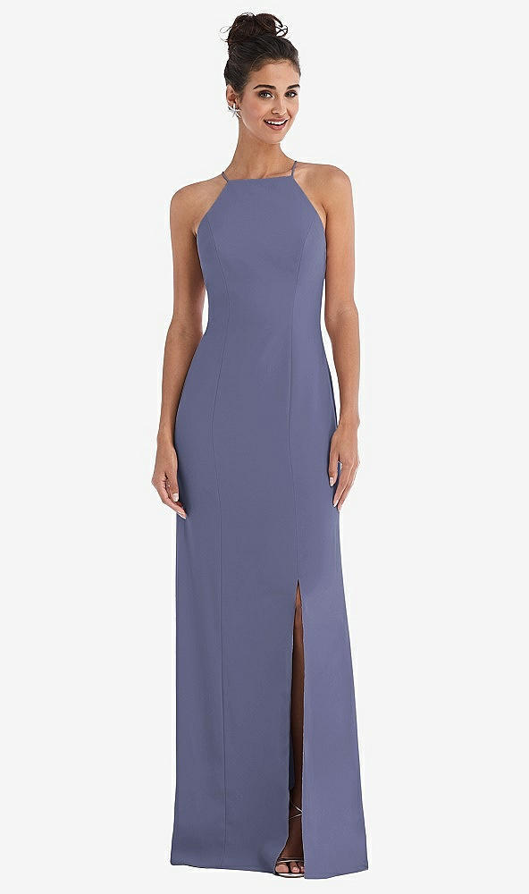 Front View - French Blue Open-Back High-Neck Halter Trumpet Gown