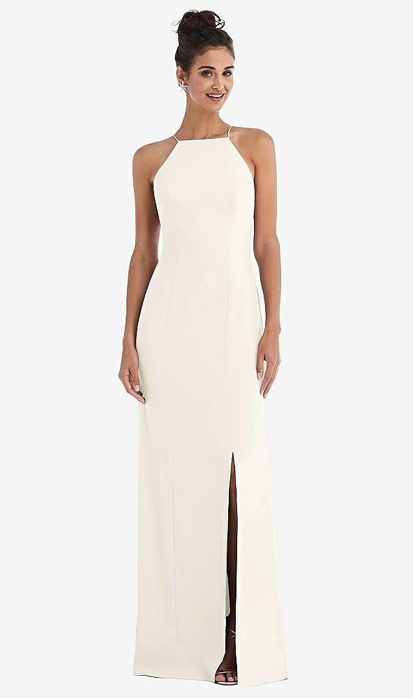 Front View - Ivory Open-Back High-Neck Halter Trumpet Gown