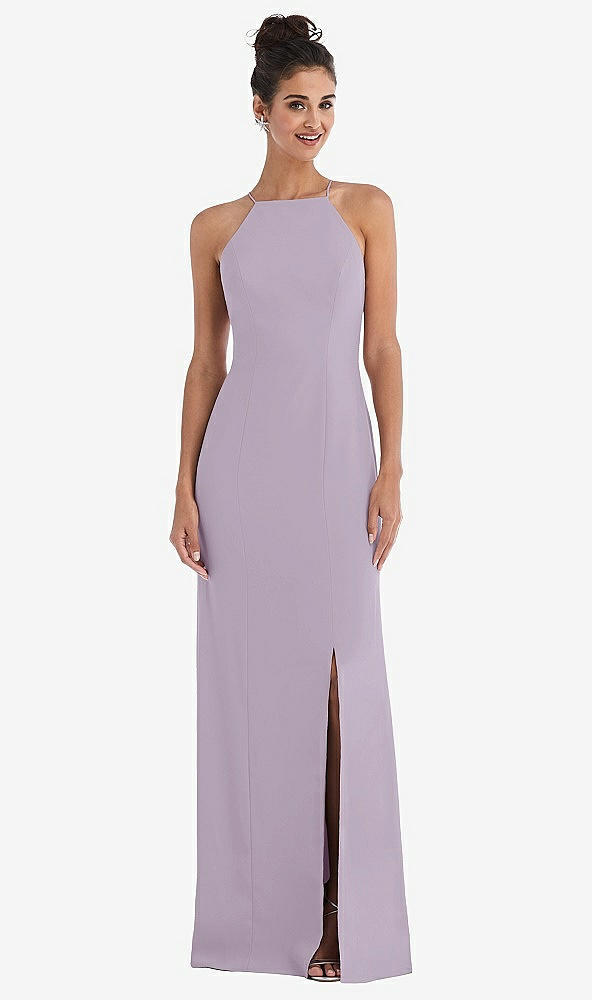 Front View - Lilac Haze Open-Back High-Neck Halter Trumpet Gown