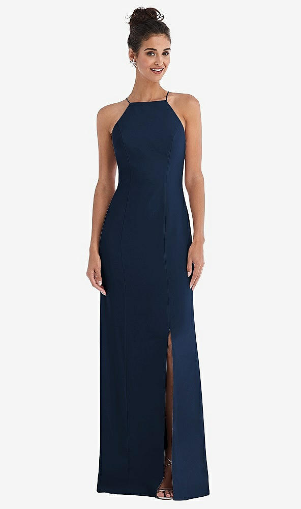 Front View - Midnight Navy Open-Back High-Neck Halter Trumpet Gown