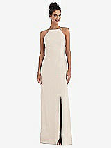 Front View Thumbnail - Oat Open-Back High-Neck Halter Trumpet Gown