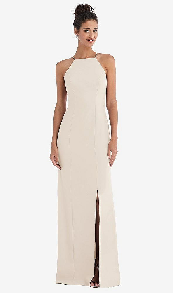 Front View - Oat Open-Back High-Neck Halter Trumpet Gown