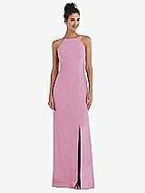 Front View Thumbnail - Powder Pink Open-Back High-Neck Halter Trumpet Gown
