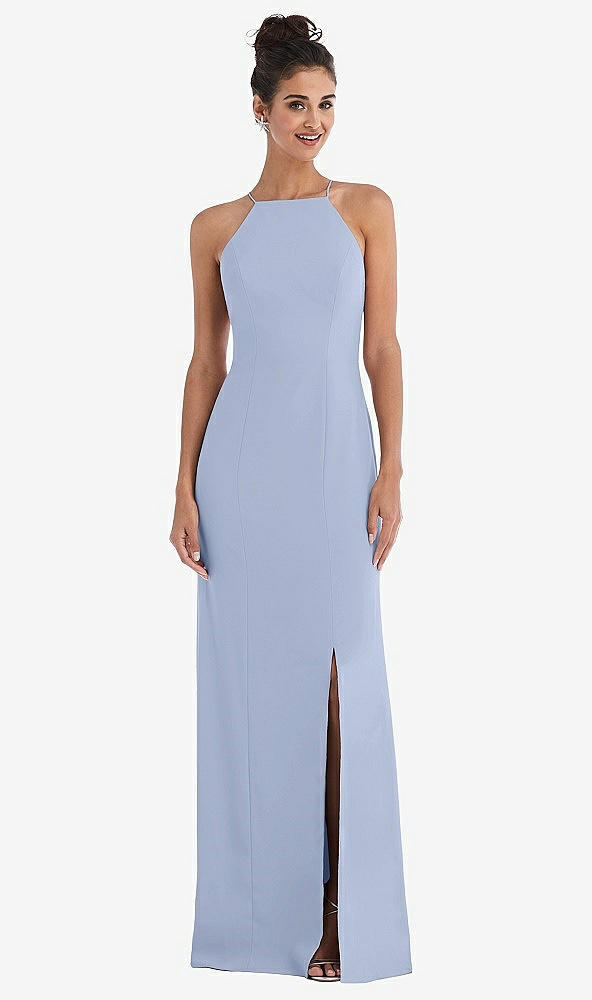 Front View - Sky Blue Open-Back High-Neck Halter Trumpet Gown