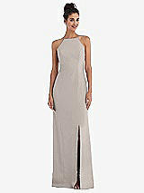 Front View Thumbnail - Taupe Open-Back High-Neck Halter Trumpet Gown