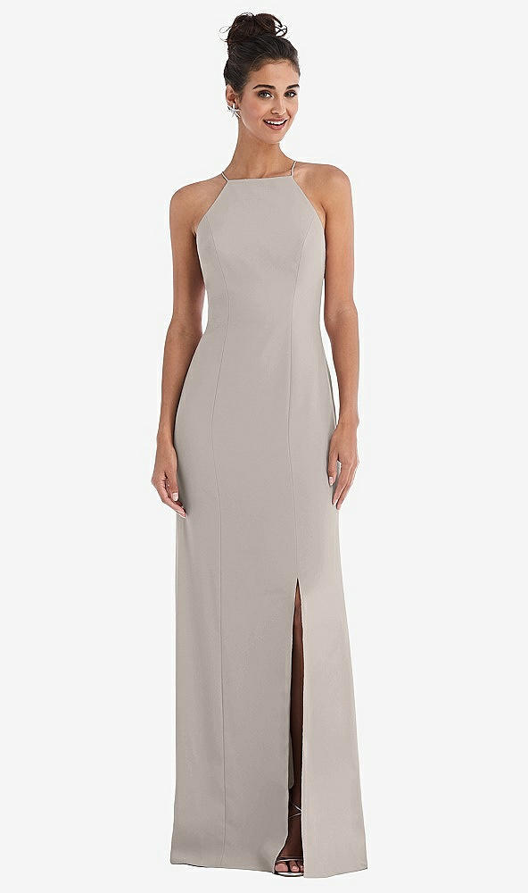 Front View - Taupe Open-Back High-Neck Halter Trumpet Gown