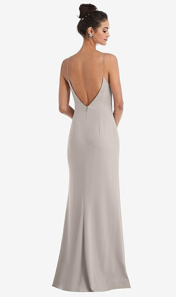 Back View - Taupe Open-Back High-Neck Halter Trumpet Gown