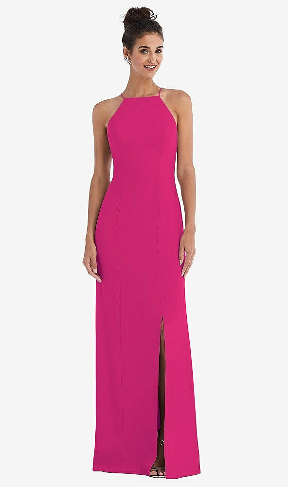 Front View - Think Pink Open-Back High-Neck Halter Trumpet Gown