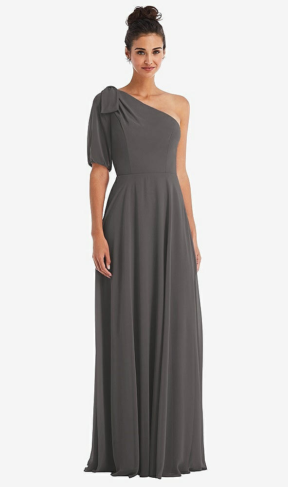 Front View - Caviar Gray Bow One-Shoulder Flounce Sleeve Maxi Dress