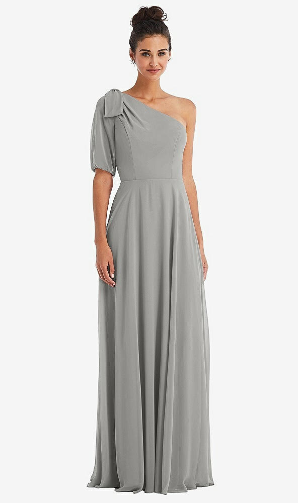 Front View - Chelsea Gray Bow One-Shoulder Flounce Sleeve Maxi Dress