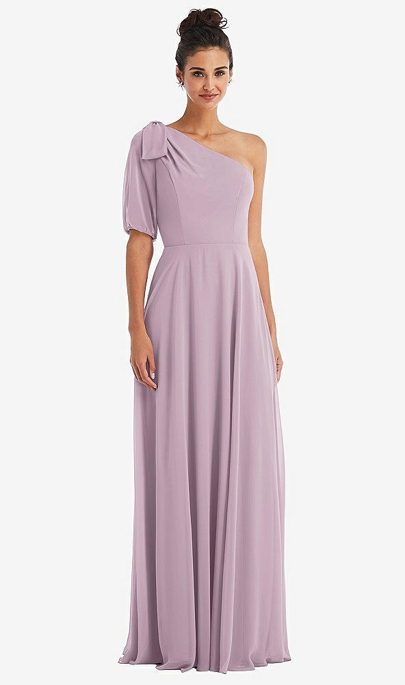 Front View - Suede Rose Bow One-Shoulder Flounce Sleeve Maxi Dress