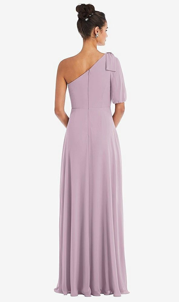 Back View - Suede Rose Bow One-Shoulder Flounce Sleeve Maxi Dress