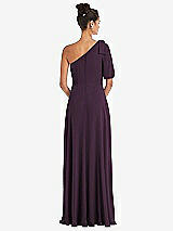 Rear View Thumbnail - Aubergine Bow One-Shoulder Flounce Sleeve Maxi Dress