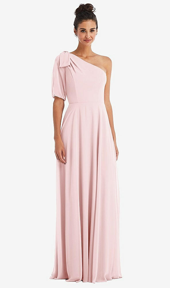 Front View - Ballet Pink Bow One-Shoulder Flounce Sleeve Maxi Dress